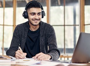 Stemp happy male student at home participating in virtual activity