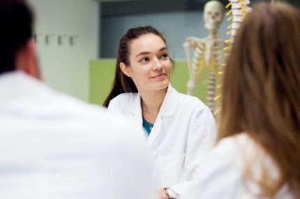Campus female caucasian in health sciences lab