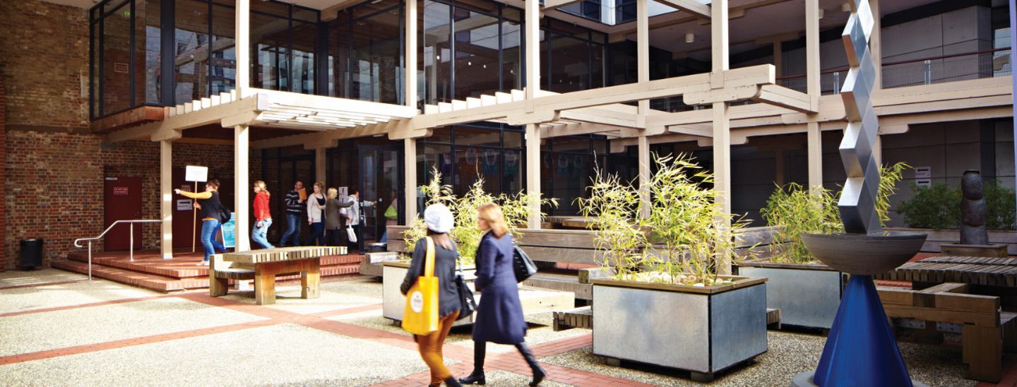 Campus group walking towards building
