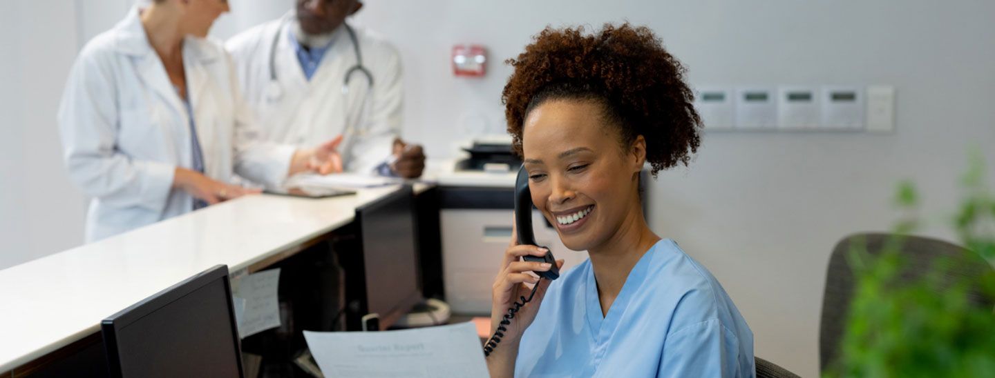 Off campus group nurse on telephone